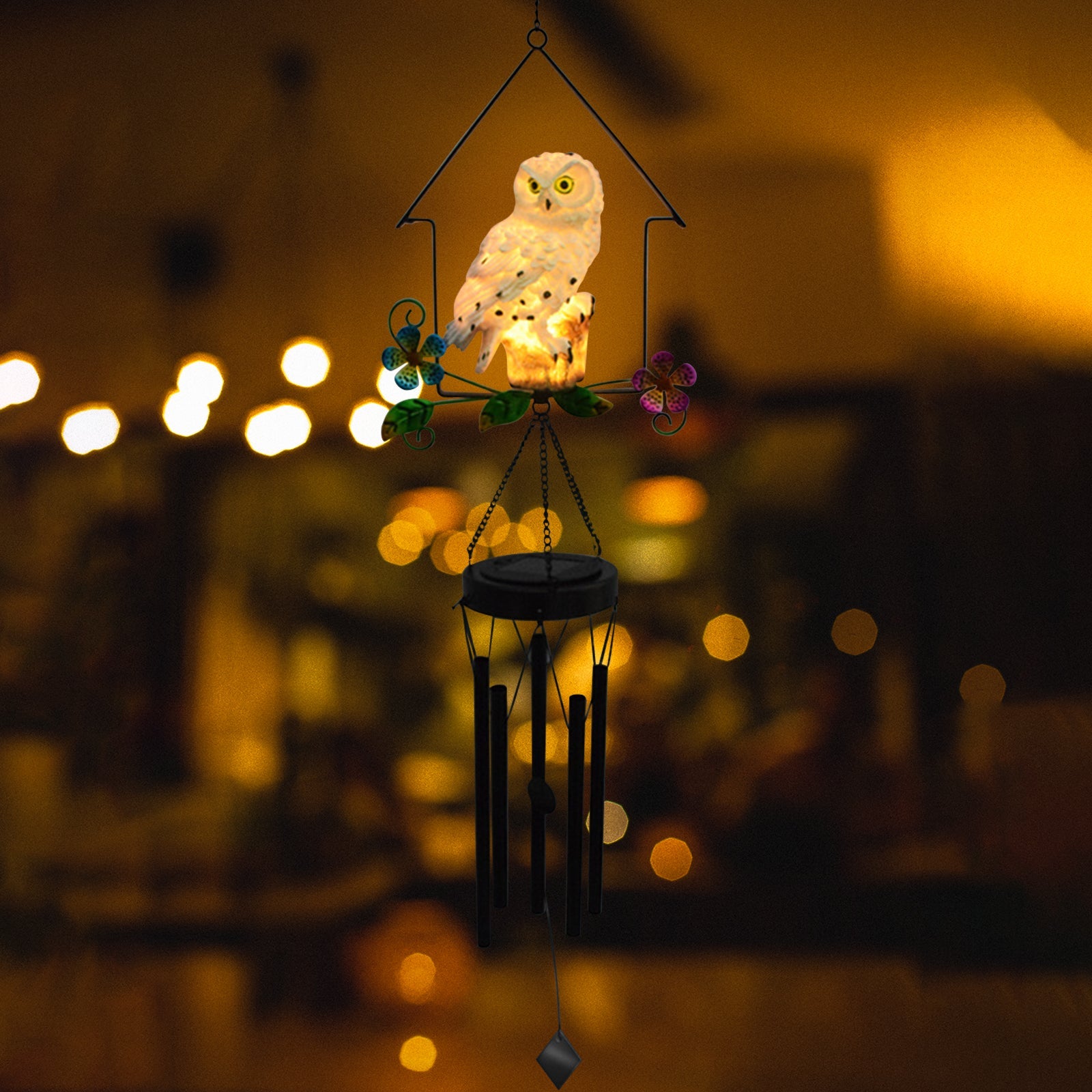 Solar Owl Wind Chime Light Outdoor LED Bird Sculpture Hanging Lamp - Horizon Bliss