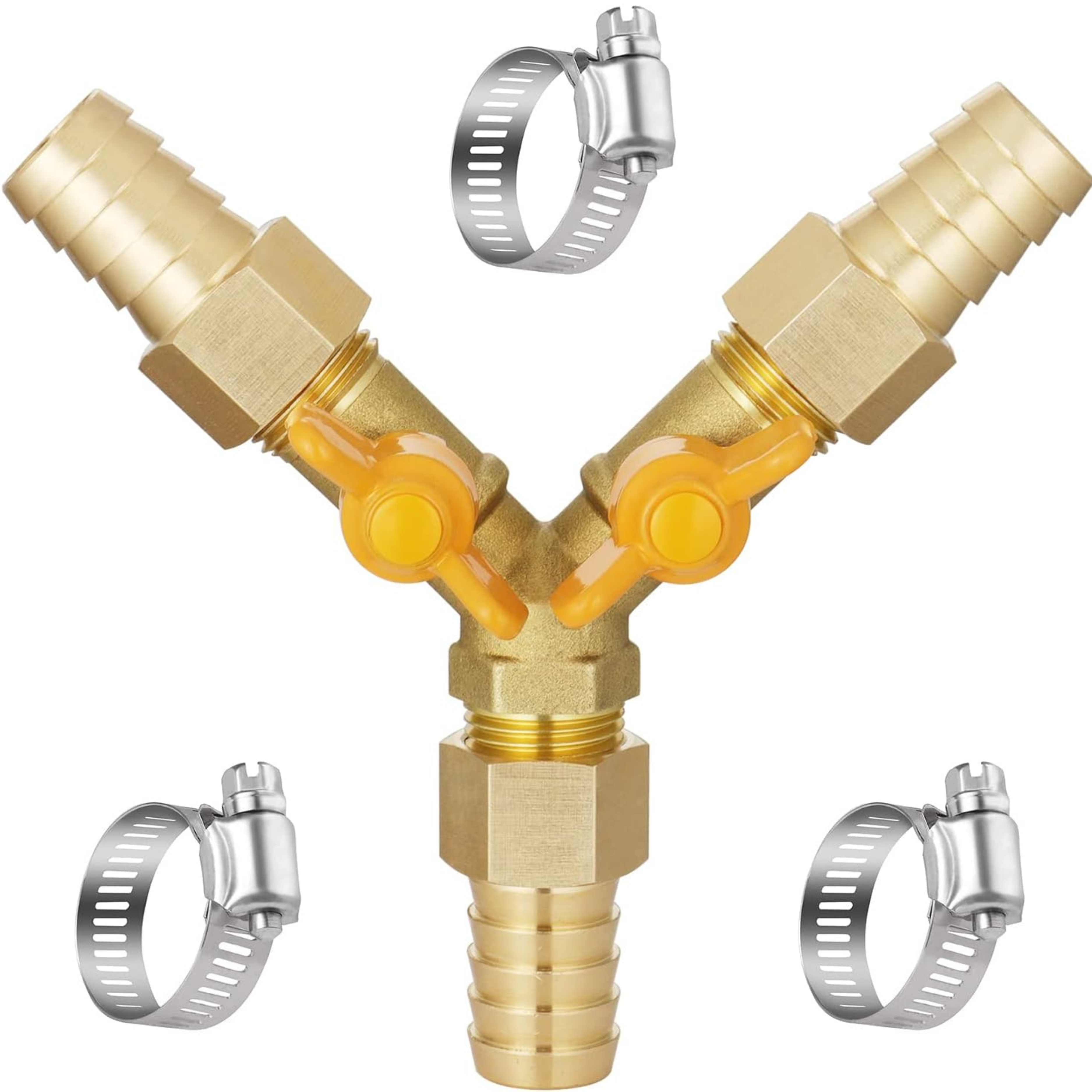 3 Way Shut Off Ball Valve, 5/8" Hose Barb 2 Switch Brass Y Shaped Valve with Clamps for Water Fuel Air - Horizon Bliss