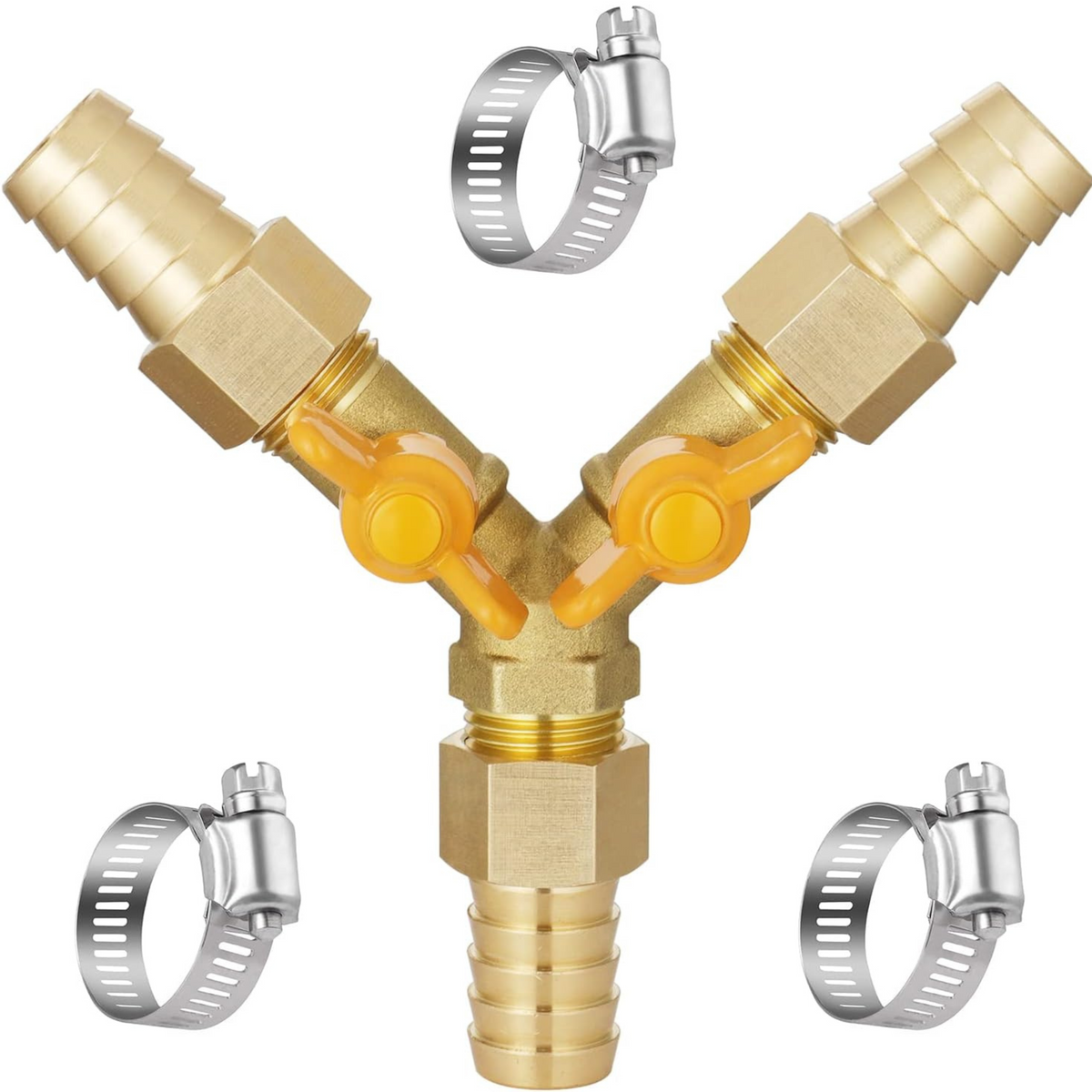 3 Way Shut Off Ball Valve, 5/8" Hose Barb 2 Switch Brass Y Shaped Valve with Clamps for Water Fuel Air - Horizon Bliss