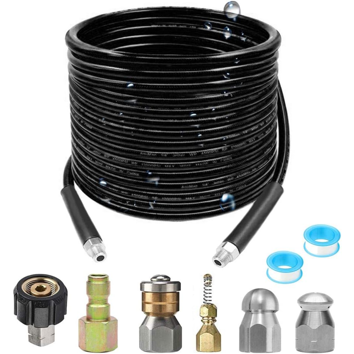 Pressure Washer Sewer Jetter Kit - 50Ft X1/4" Hydro Drain Jetter Cleaner Hose, Corner, Rotating and Button Nose Sewer Jetting Nozzle Waterproof Tape,Orifice 4.0 4.5,1/4 Inch NPT,5800 PSI - Horizon Bliss