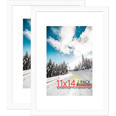 11x14 Picture Frame Set of 2, Made of High Definition Transparent Plastic for 8x10 with Mat or 11x14 Without Mat, Wall Mounting Photo Frames, White - Horizon Bliss