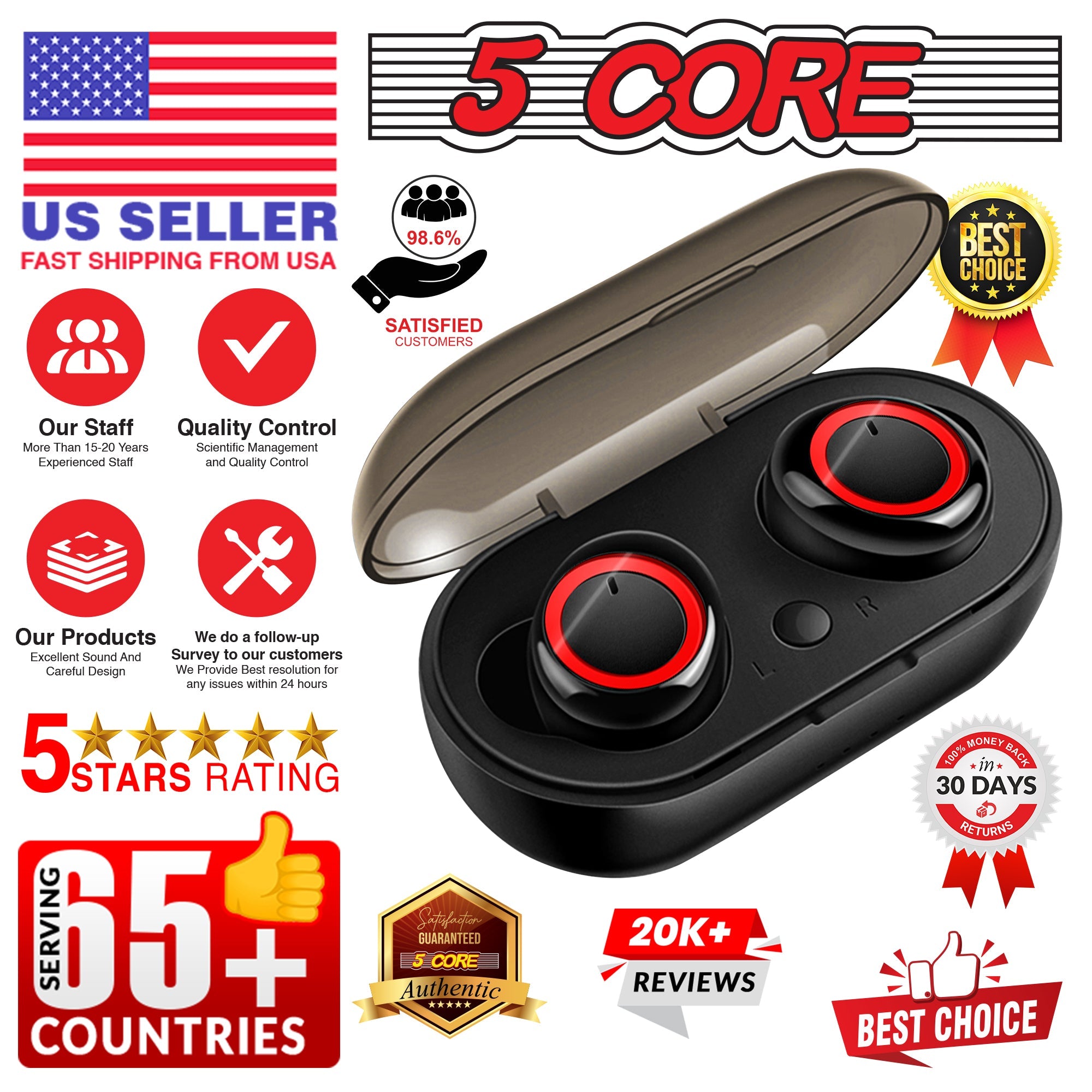 5 Core Wireless Ear Buds Mini Bluetooth Earbud Noise Cancelling