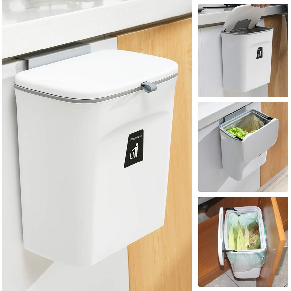 2.4 Gallon Kitchen Compost Bin for Counter Top or Under Sink, Hanging Small Trash Can with Lid for Cupboard/Bathroom/Bedroom/Office/Camping, Mountable Indoor Compost Bucket, White - Horizon Bliss