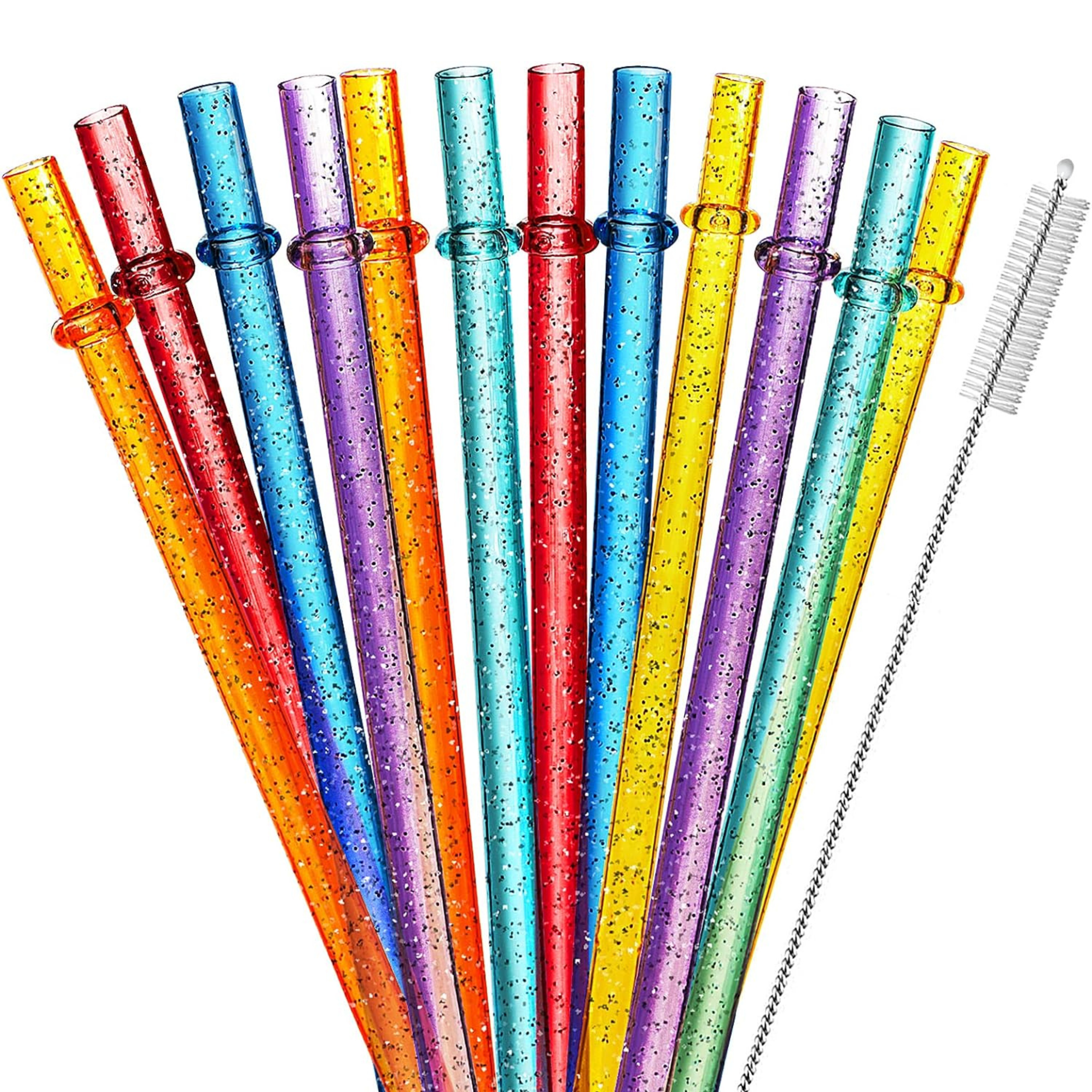 12-Pack Glitter Reusable Colorful Plastic Straws, 11 Inches Clear BPA-Free Unbreakable Sparkle Tumbler Drinking Straws with Cleaning Brush - Horizon Bliss