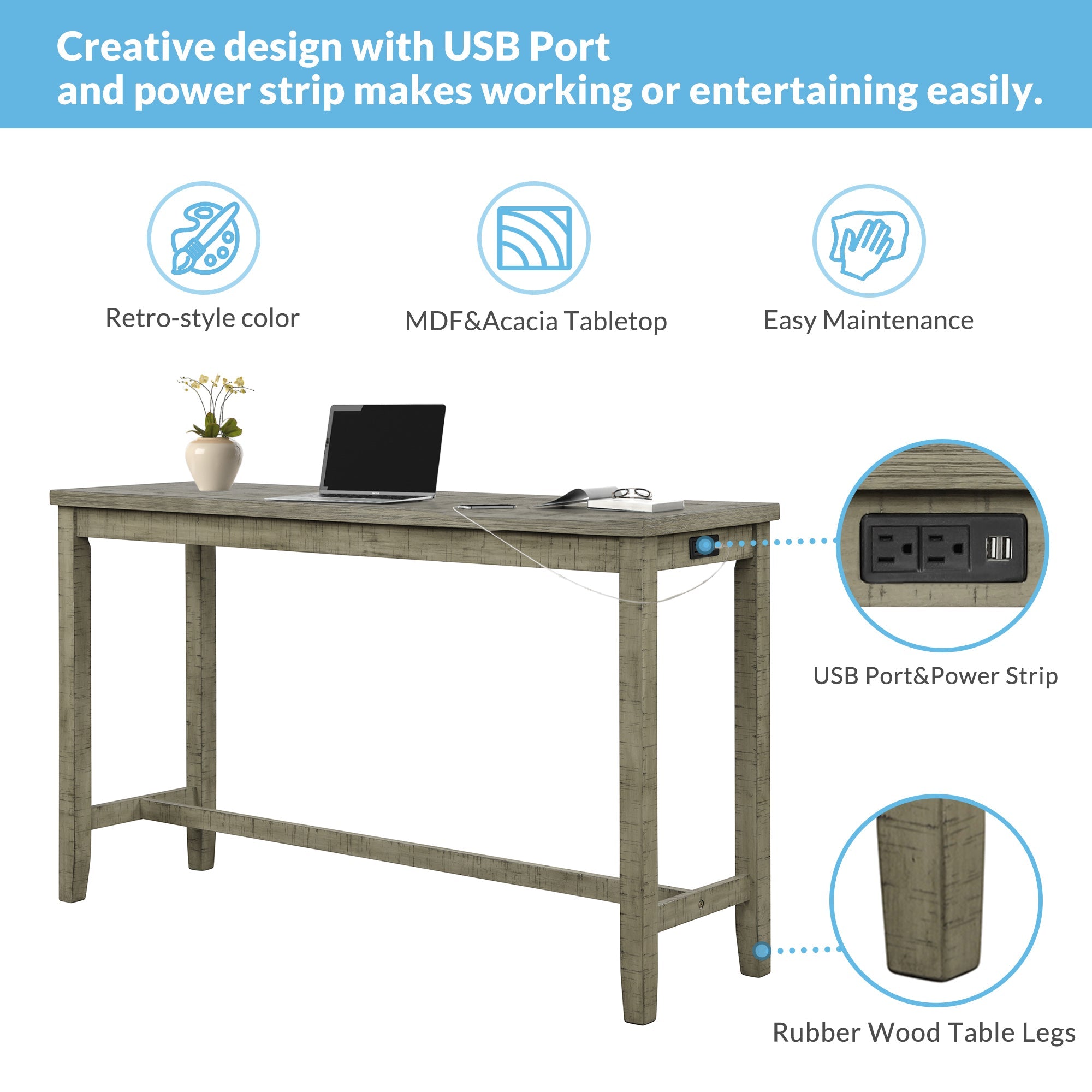 4 Pieces Counter Height Table with Fabric Padded Stools,Rustic Bar