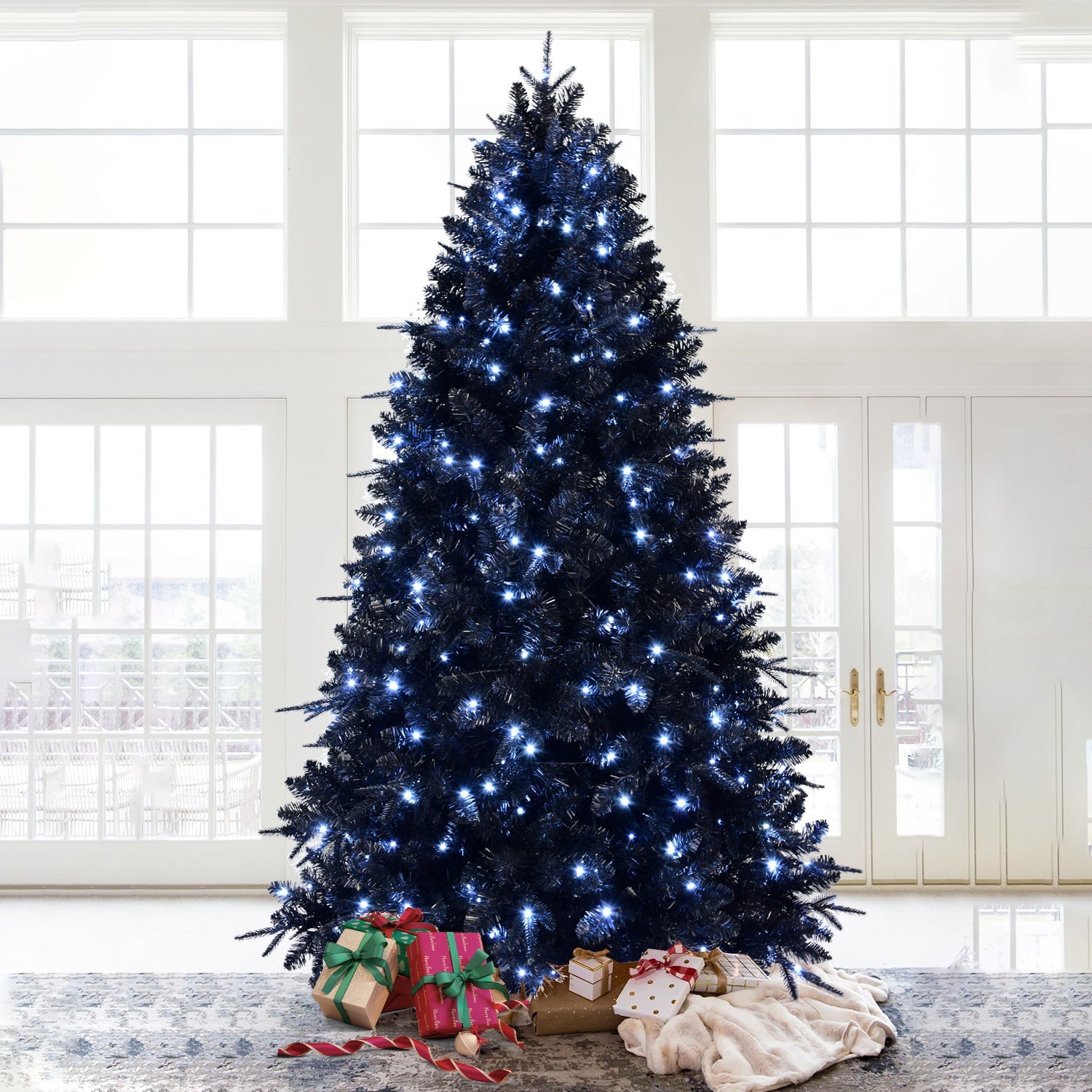 8ft Pre-Lit Black Christmas Tree, Full Halloween Xmas Artificial Tree