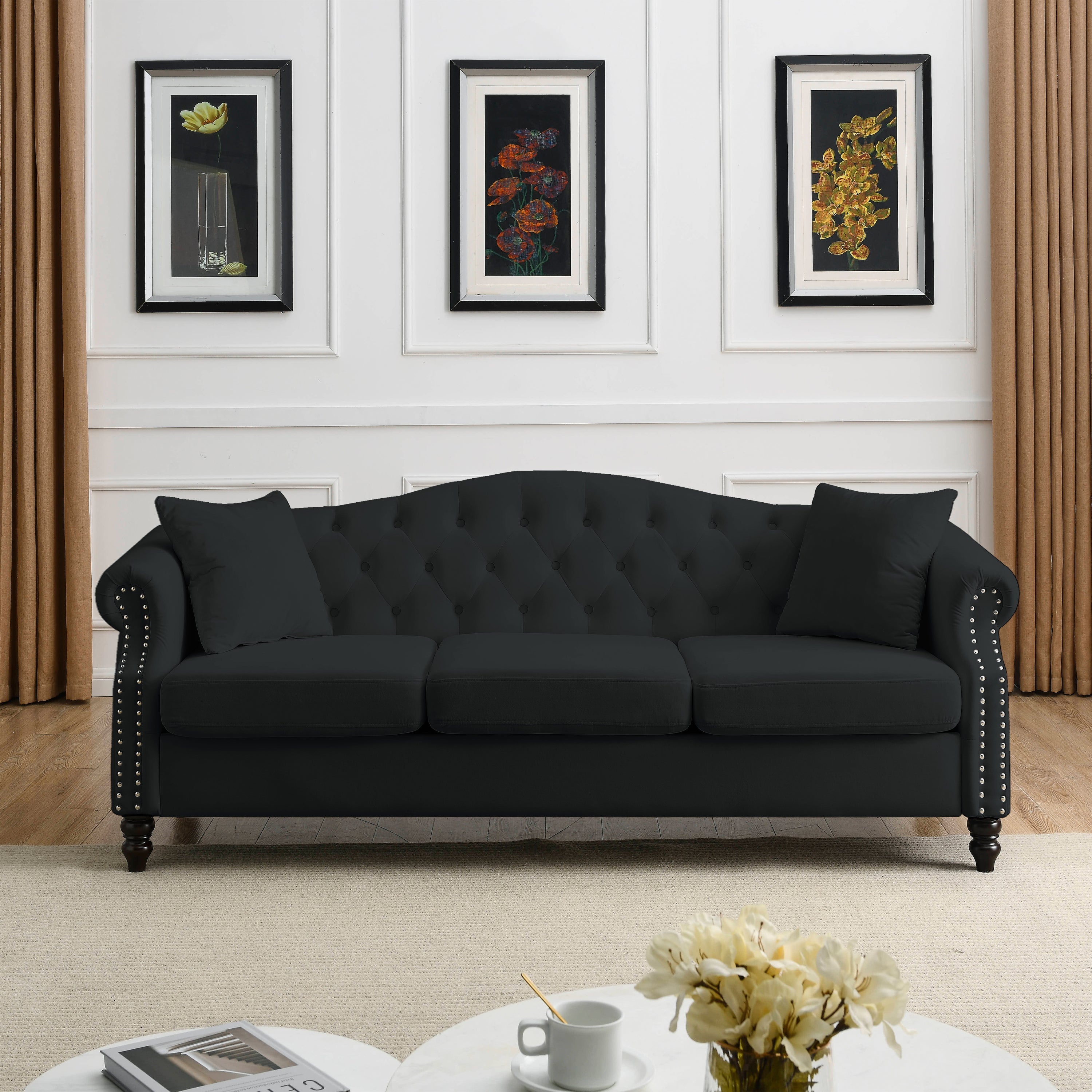 79" Chesterfield Sofa Black Velvet for Living Room, 3 Seater Sofa - Horizon Bliss