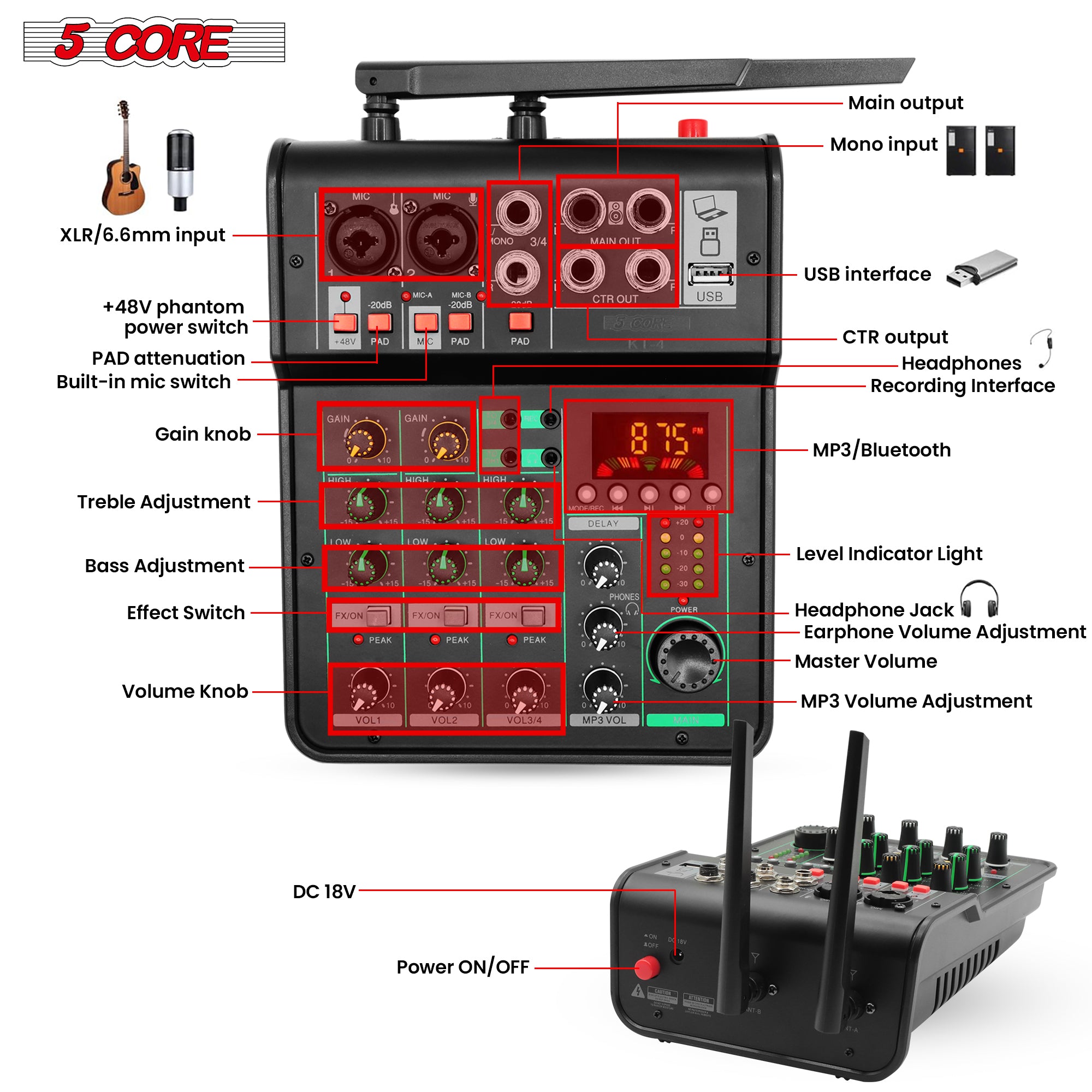 5Core Audio Mixer Sound Board 4 Channel PA DJ Stereo Receiver w