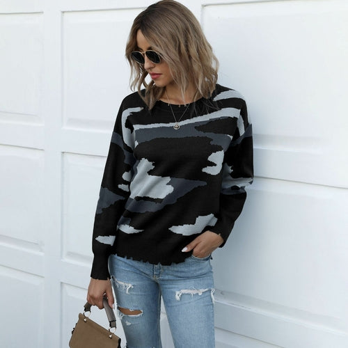 Camflouage Printed Long Sleeve Knitted Pullover Sweater - Horizon Bliss