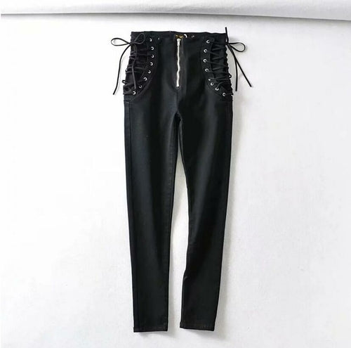 Vintage Skinny Zipper High Waist Cross Lacing up Jeans Women Slim Fit - Horizon Bliss