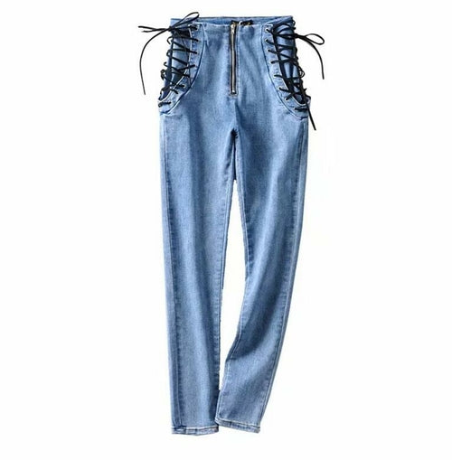 Vintage Skinny Zipper High Waist Cross Lacing up Jeans Women Slim Fit - Horizon Bliss