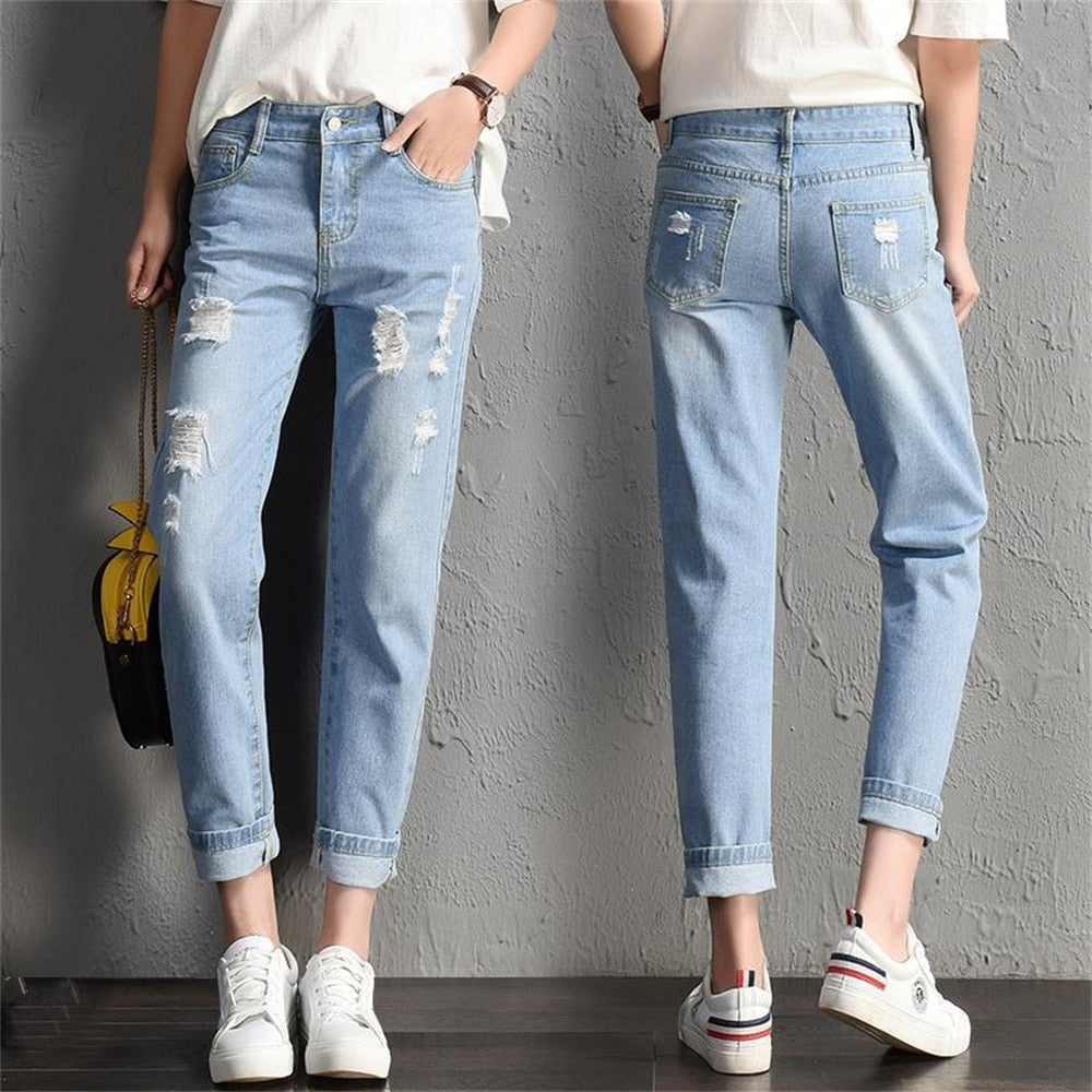 2022 New Women Fashion Mid Waist Boyfriend Big Ripped Hole Jeans - Horizon Bliss