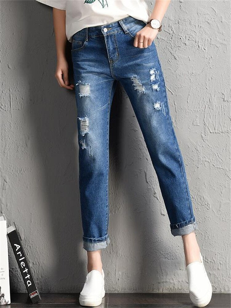 2022 New Women Fashion Mid Waist Boyfriend Big Ripped Hole Jeans - Horizon Bliss