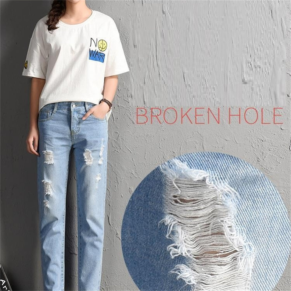 2022 New Women Fashion Mid Waist Boyfriend Big Ripped Hole Jeans - Horizon Bliss