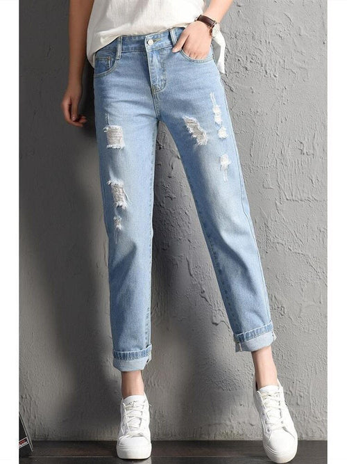 2022 New Women Fashion Mid Waist Boyfriend Big Ripped Hole Jeans - Horizon Bliss