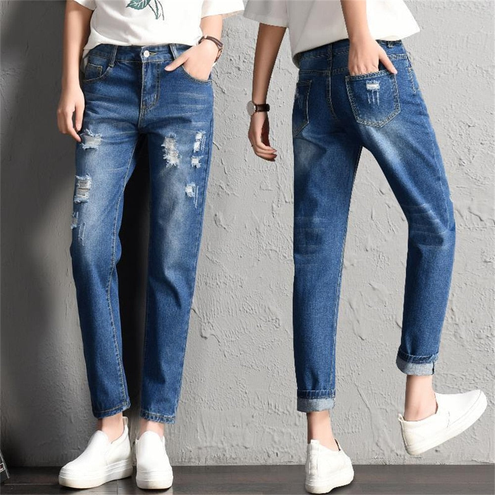 2022 New Women Fashion Mid Waist Boyfriend Big Ripped Hole Jeans - Horizon Bliss