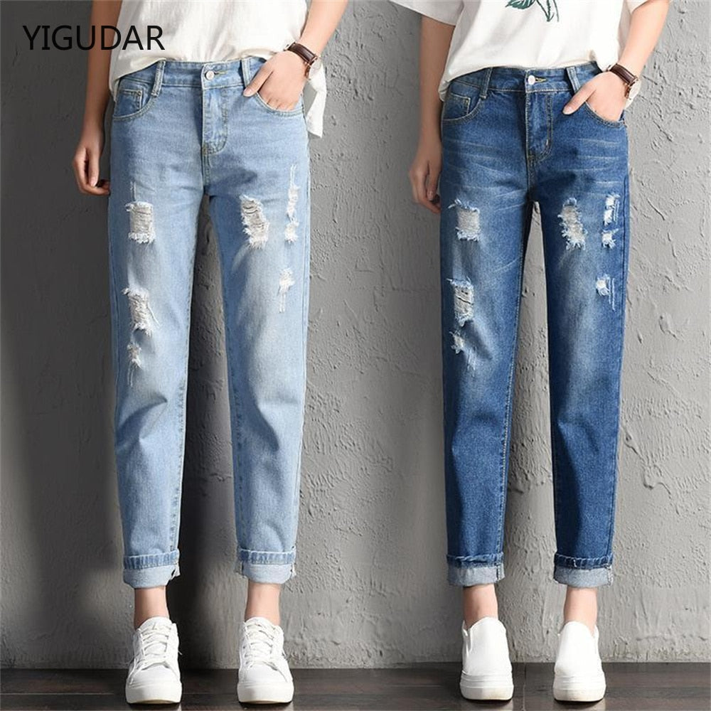 2022 New Women Fashion Mid Waist Boyfriend Big Ripped Hole Jeans - Horizon Bliss