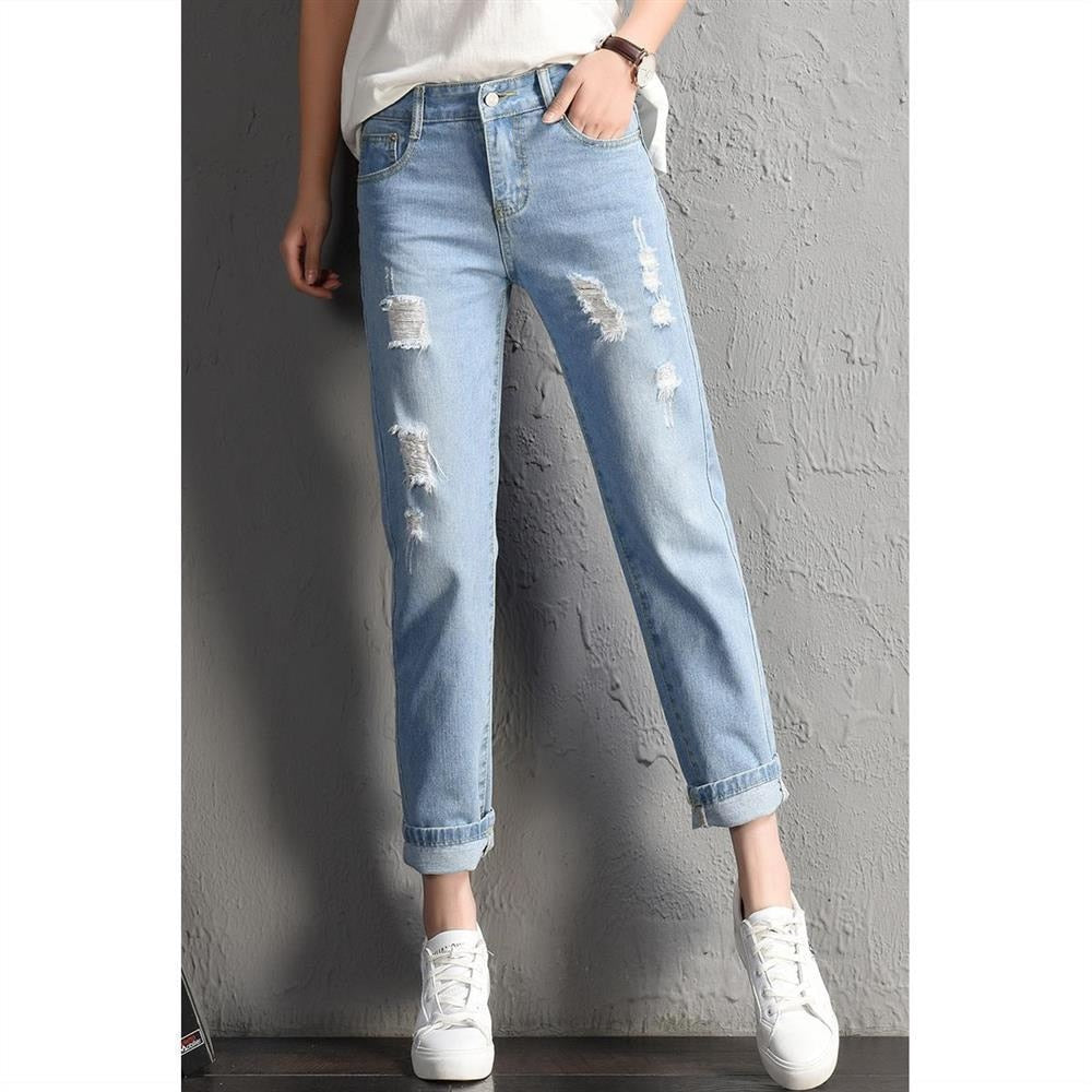 2022 New Women Fashion Mid Waist Boyfriend Big Ripped Hole Jeans - Horizon Bliss