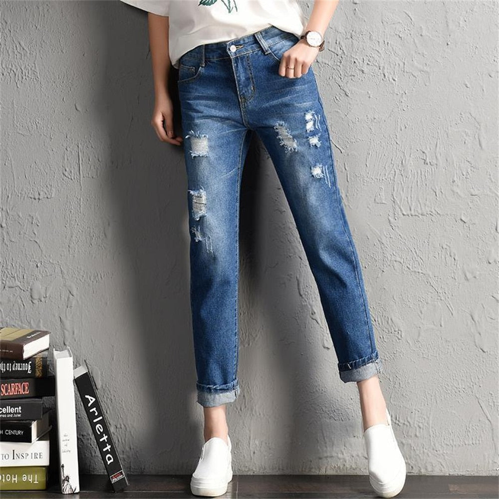 2022 New Women Fashion Mid Waist Boyfriend Big Ripped Hole Jeans - Horizon Bliss