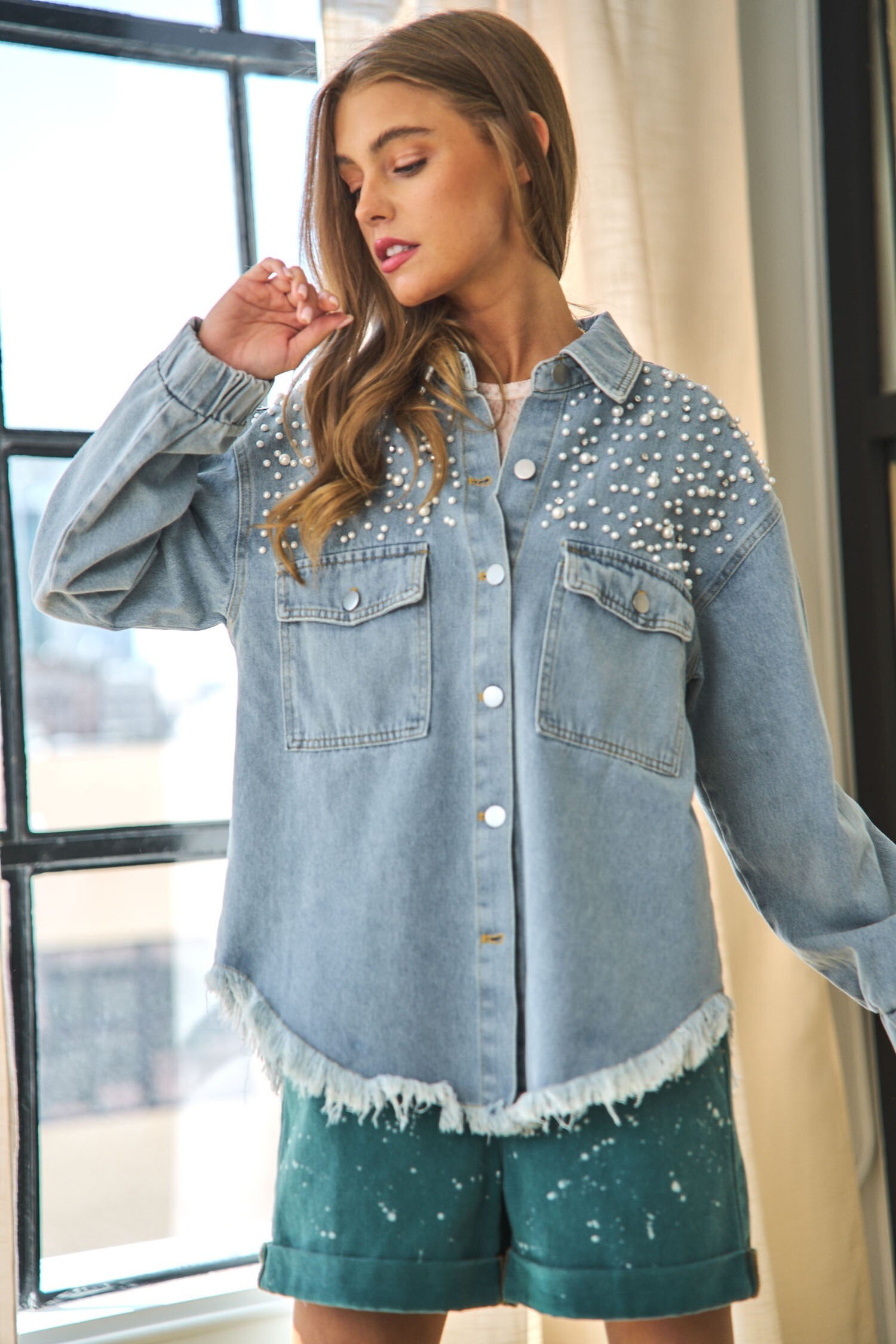 Blue Denim Jacket  Pearls Loose Streetwear Long Sleeve  Jean Coat - Horizon Bliss