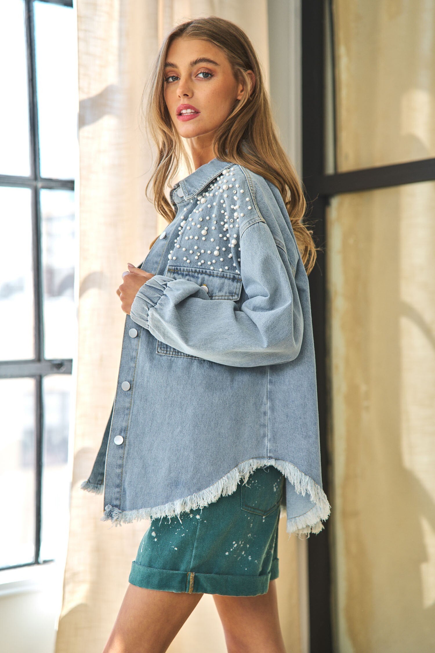 Blue Denim Jacket  Pearls Loose Streetwear Long Sleeve  Jean Coat - Horizon Bliss