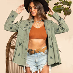 Denim Jacket  Vintage Green Jean Coat Streetwear Long Sleeve  Clothing - Horizon Bliss