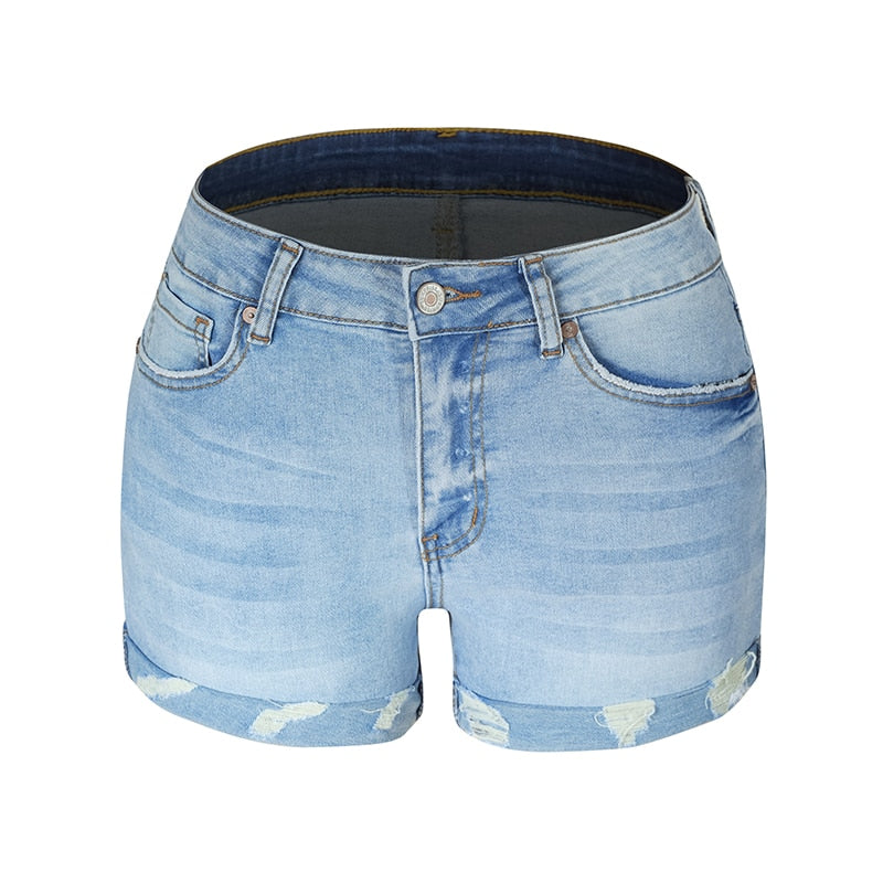 Ripped High Waisted Rolled Fit Blue Shorts - Horizon Bliss