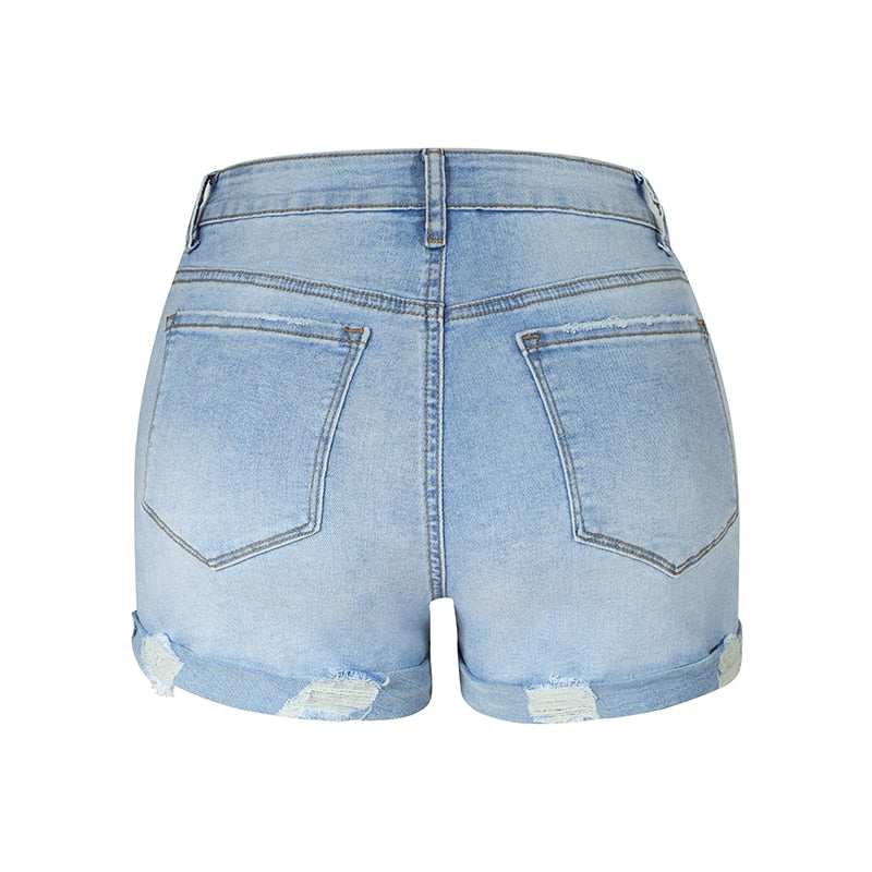 Ripped High Waisted Rolled Fit Blue Shorts - Horizon Bliss