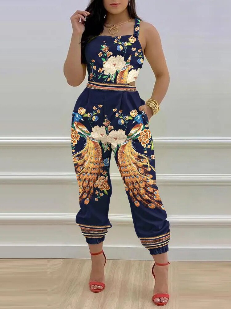 Printed Strapless Jumpsuit Strapping Loose Pants - Horizon Bliss