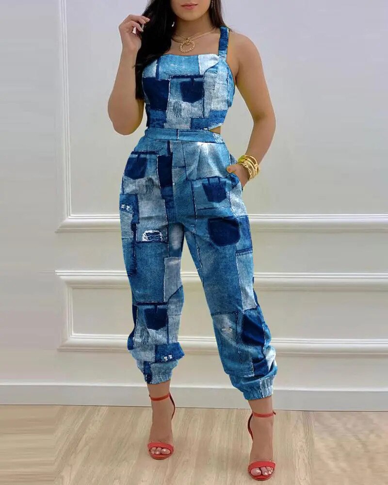 Printed Strapless Jumpsuit Strapping Loose Pants - Horizon Bliss