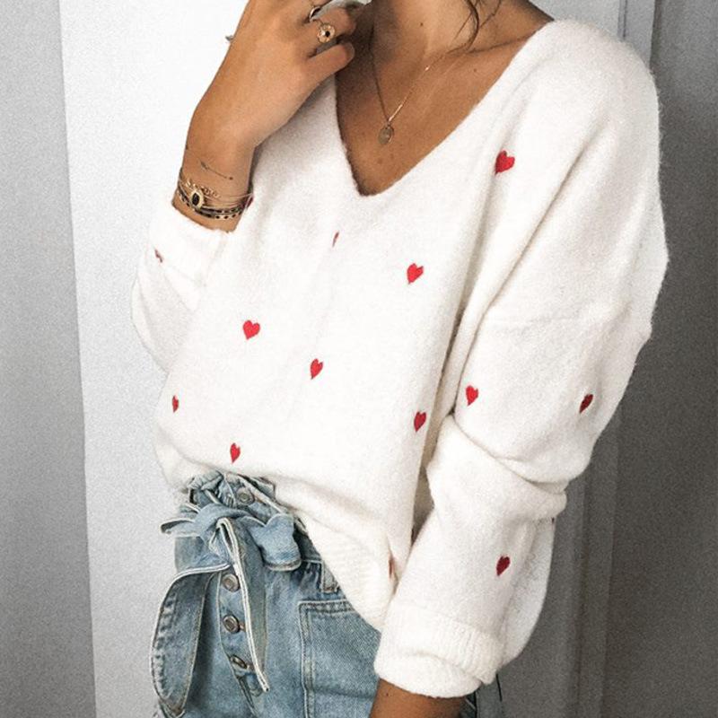 V-neck Heart Pattern Long Sleeve Knitwear - Horizon Bliss