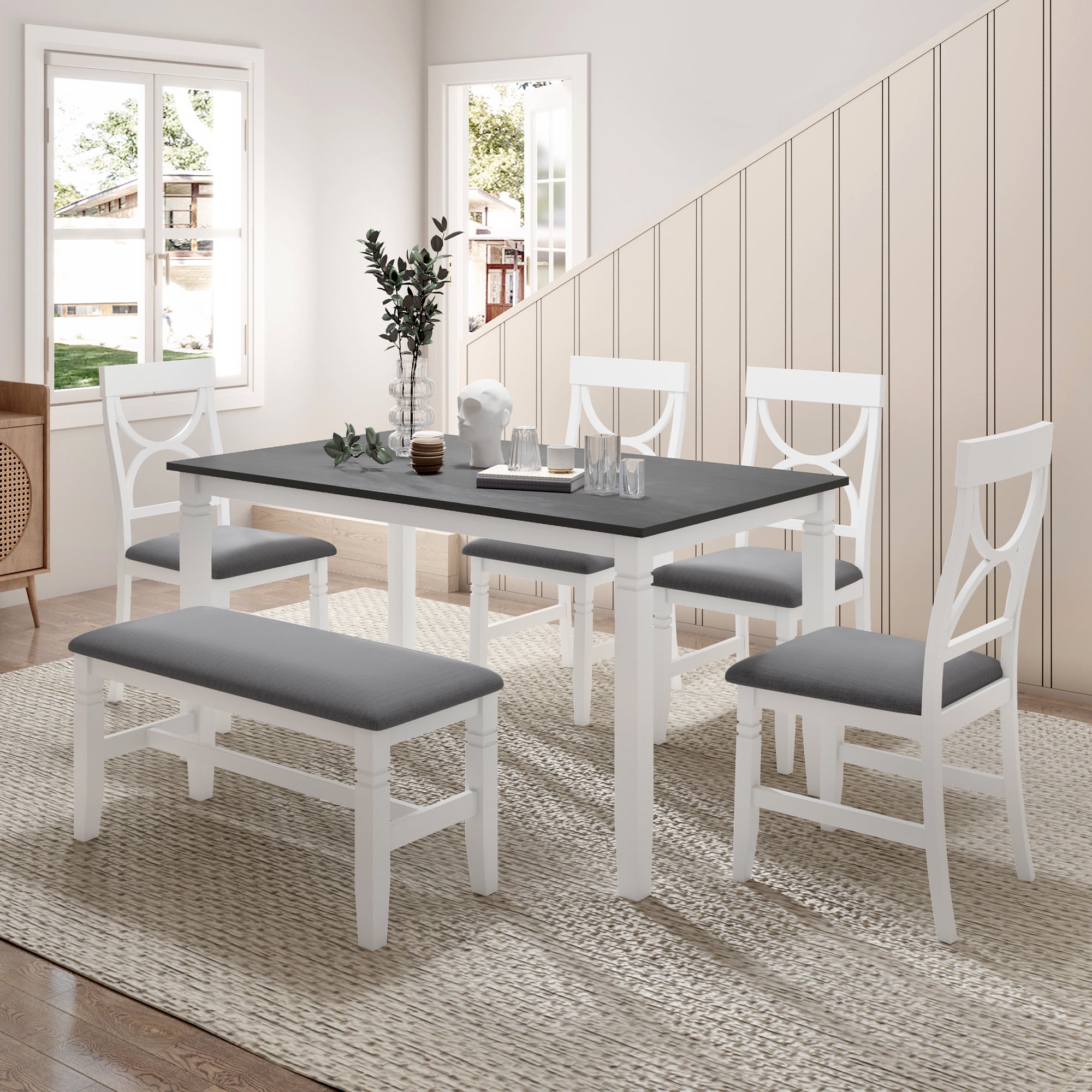 6-Piece Wood Dining Table Set Kitchen Table Set with Upholstered Bench - Horizon Bliss