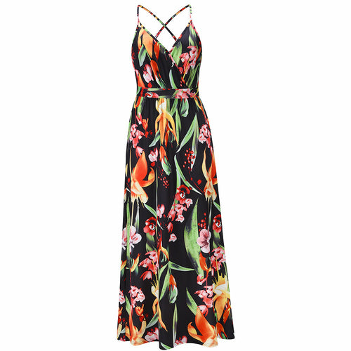 Bohemian Floral Print Maxi Dress Spaghetti Strap Dress  - Horizon Bliss