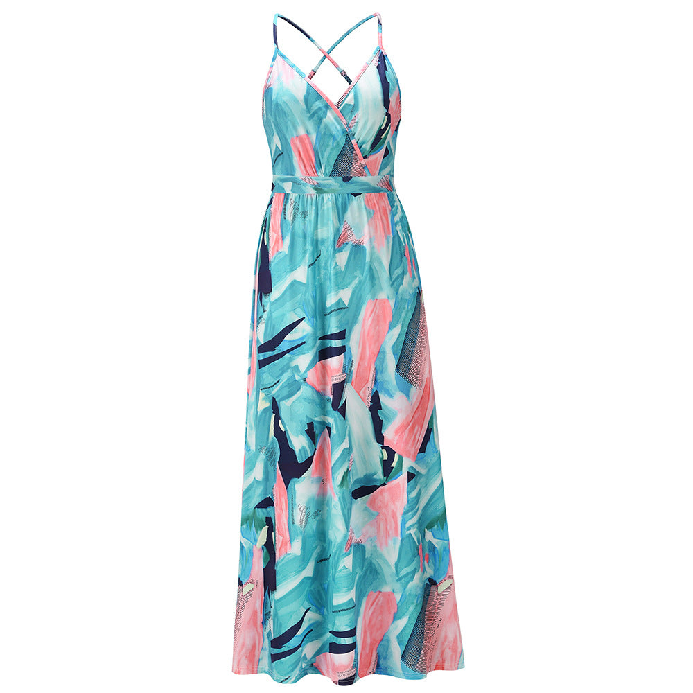 Bohemian Floral Print Maxi Dress Spaghetti Strap Dress  - Horizon Bliss