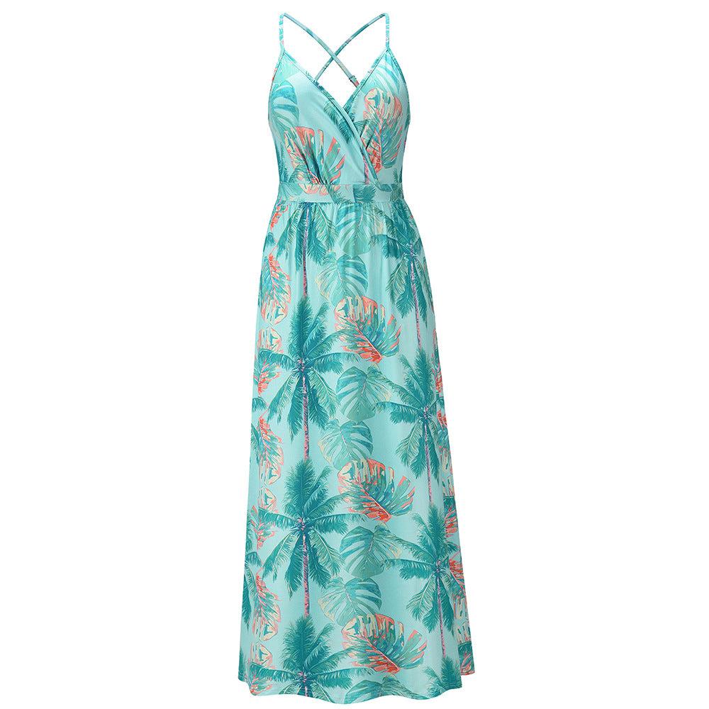 Bohemian Floral Print Maxi Dress Spaghetti Strap Dress  - Horizon Bliss