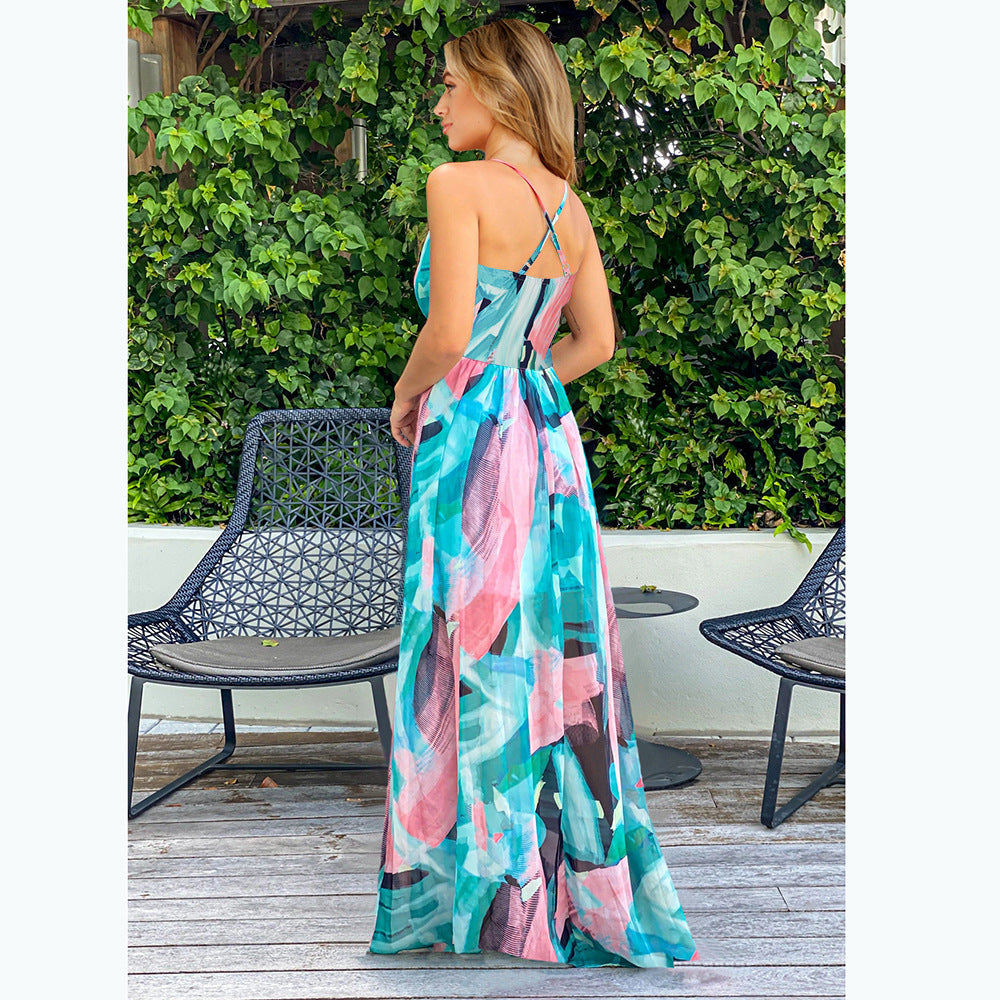 Bohemian Floral Print Maxi Dress Spaghetti Strap Dress  - Horizon Bliss