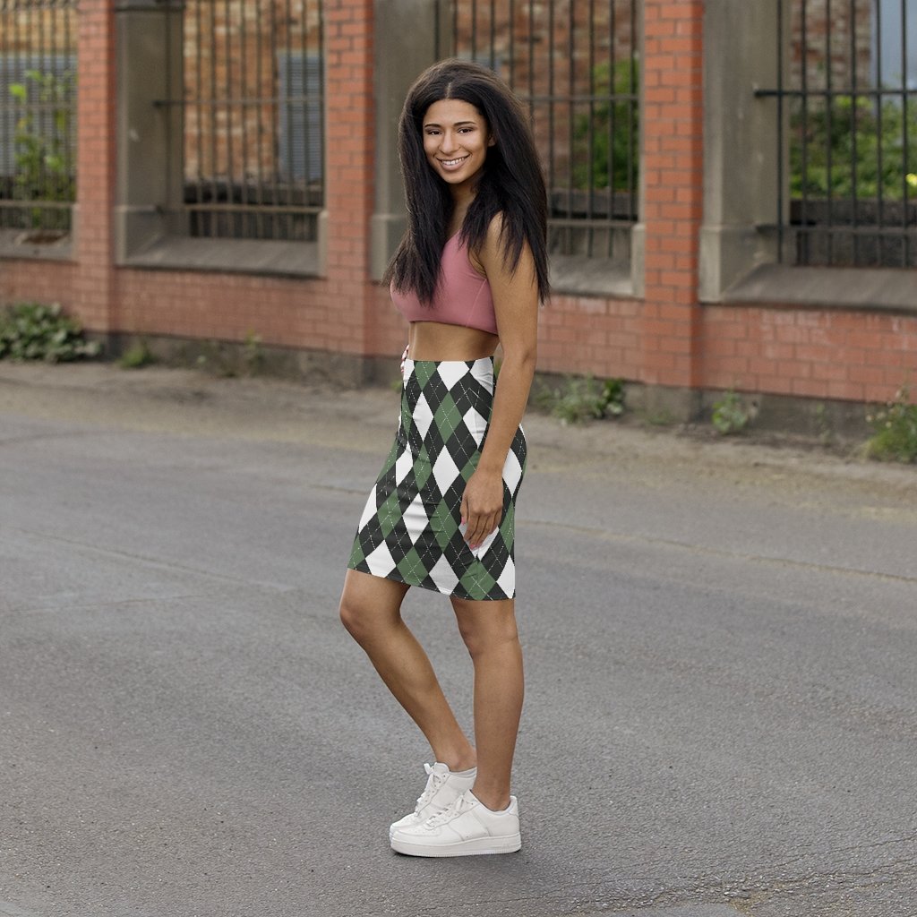 Womens Pencil Skirt, Green And White Argyle Stretch Mini - Horizon Bliss