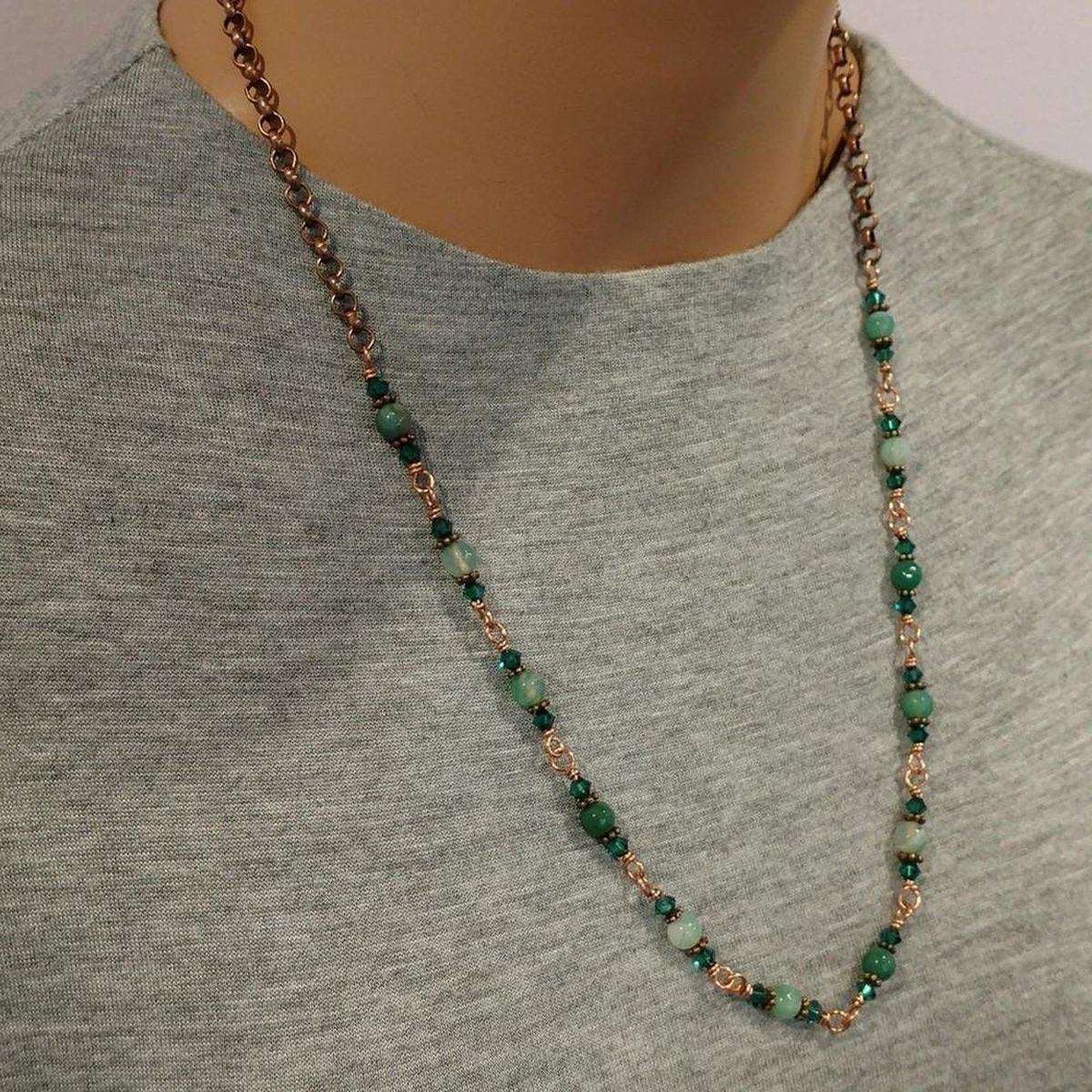 24 Inches Emerald Agate Striped Gemstone Wire Wrapped Necklace - Horizon Bliss