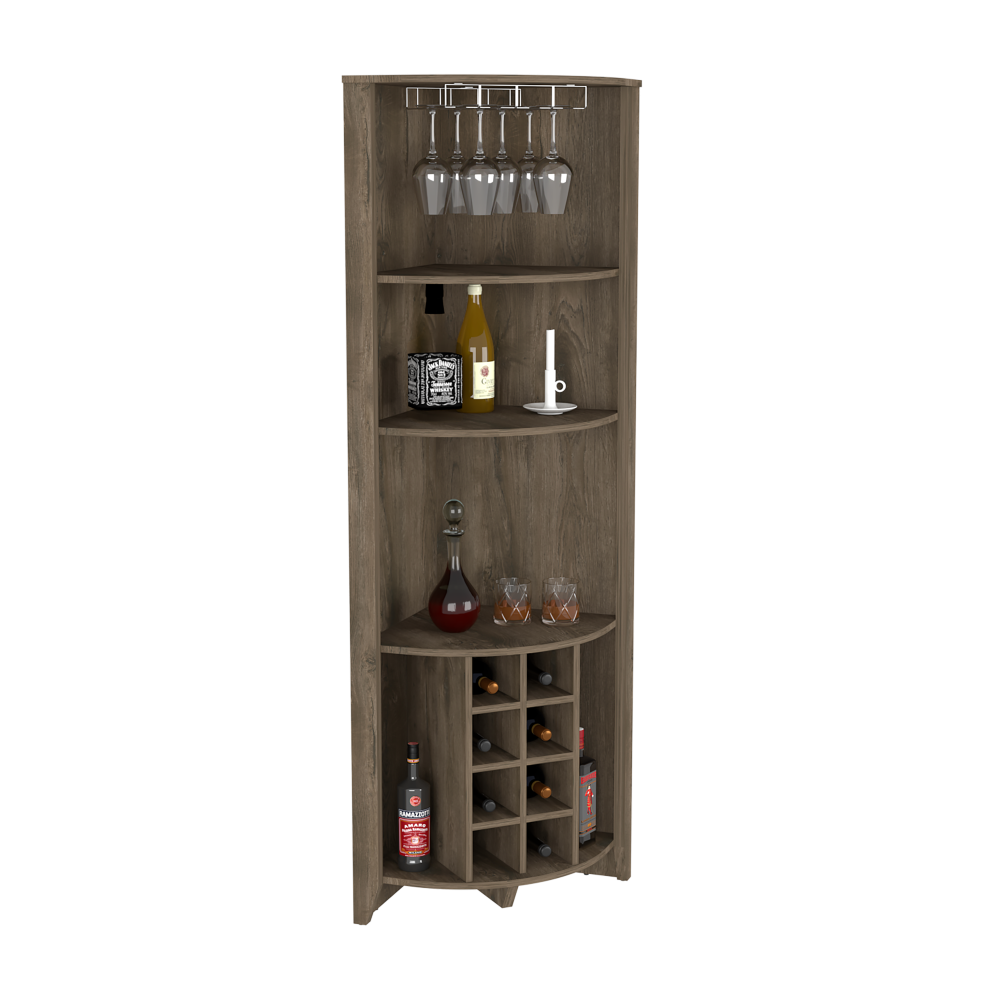 Corner Bar Cabinet  Castle, Three Shelves, Eight Wine Cubbies, Dark - Horizon Bliss