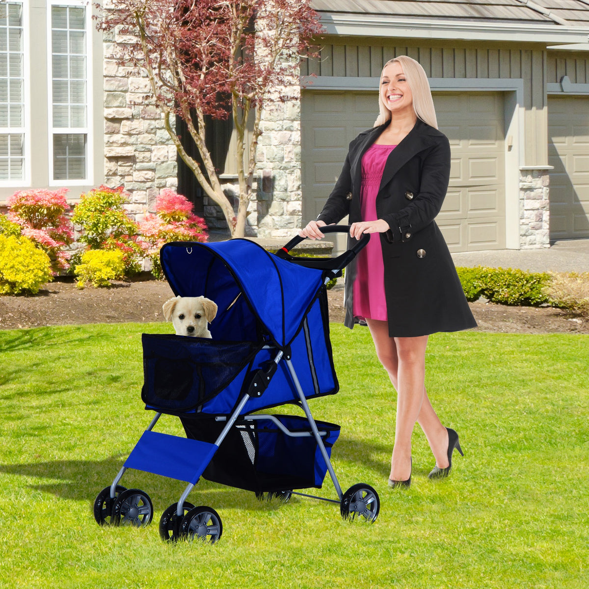 PawHut 4 Wheel Dog Pet Stroller Dog Cat Carrier Folding Sunshade - Horizon Bliss