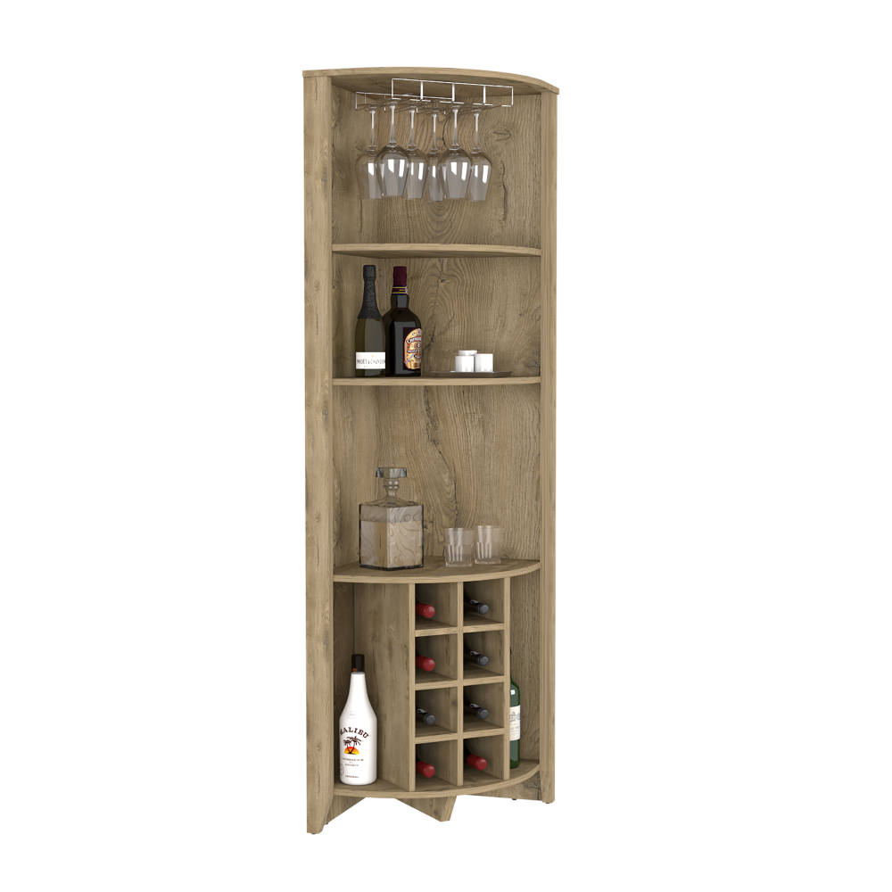 Corner Bar Cabinet  Castle, Three Shelves, Eight Wine Cubbies, Aged - Horizon Bliss