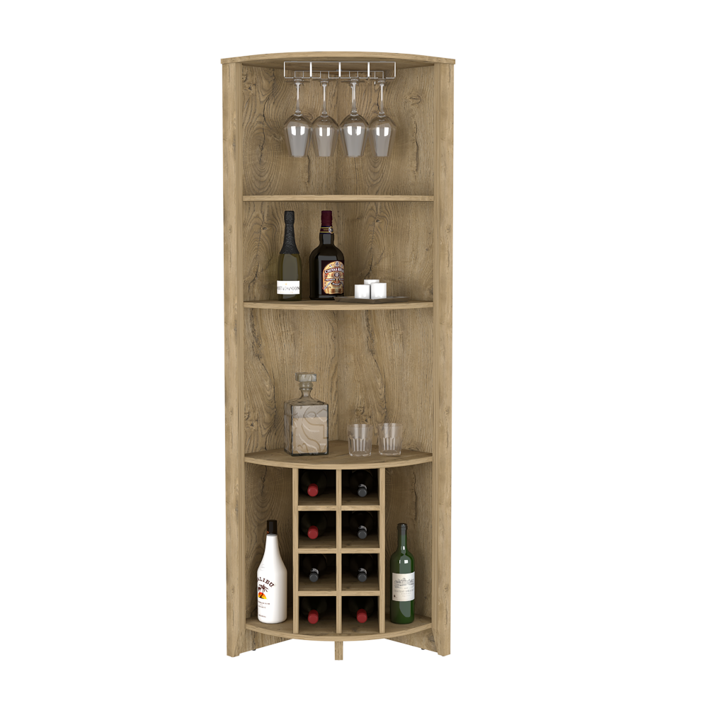 Corner Bar Cabinet  Castle, Three Shelves, Eight Wine Cubbies, Aged - Horizon Bliss