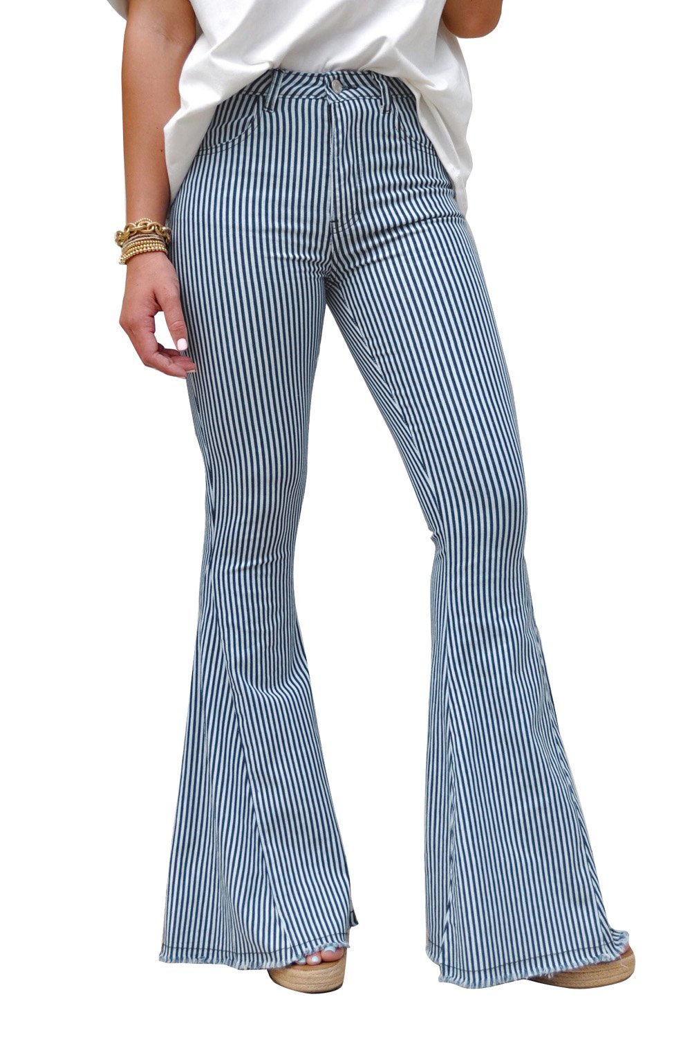 Women's Sky Blue Mile High Pin Stripe Bell Bottoms - Horizon Bliss