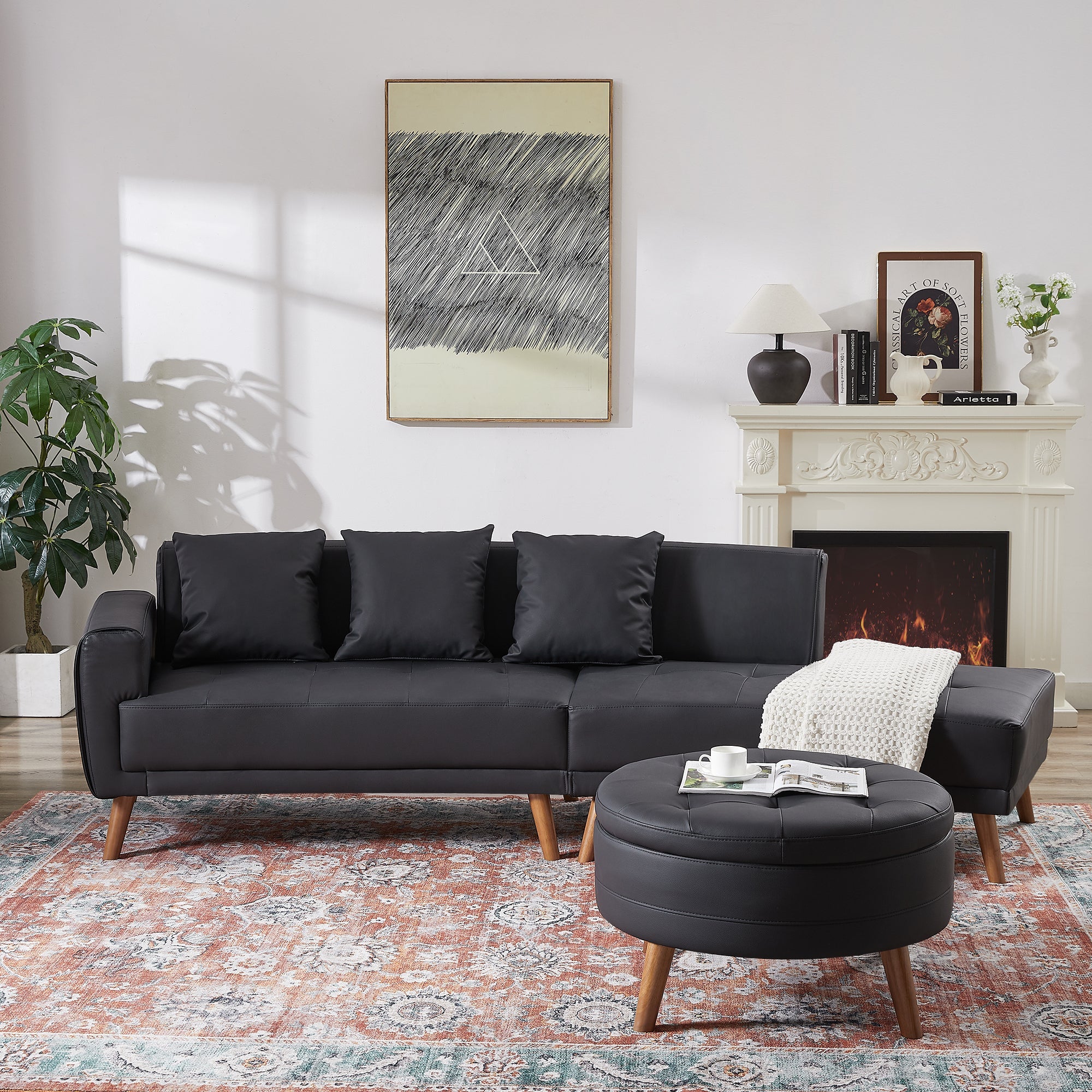 107" Contemporary Sofa Stylish Sofa Couch with a Round Storage Ottoman - Horizon Bliss