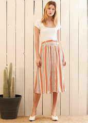 Women's Multi Stripe Button Front Midi Skirt in Rust Multi - Horizon Bliss