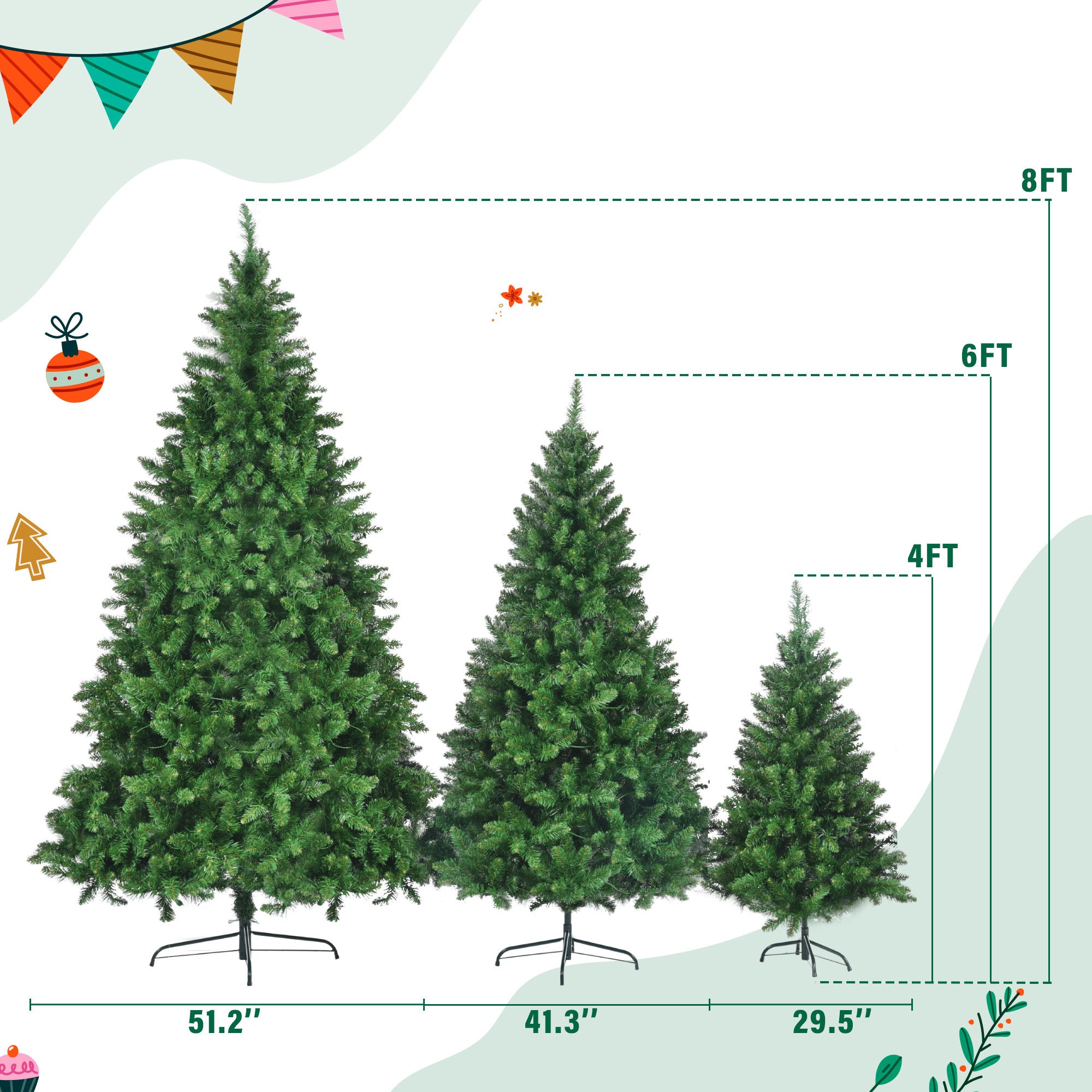 8FT, 6FT, 4FT Pre-Lit Green Pine Artificial Christmas Tree, Set of 3