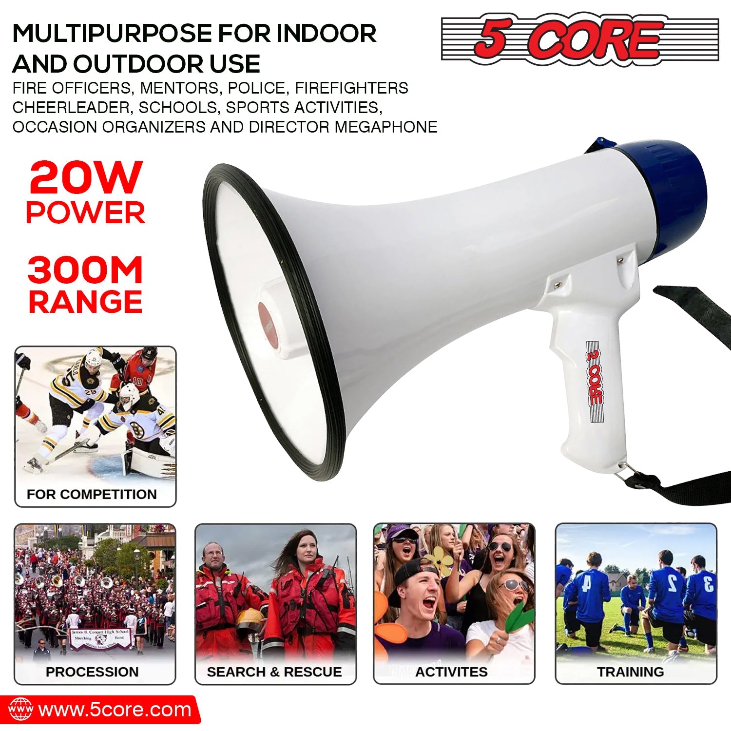 5Core Megaphone Portable 20W Bullhorn w Siren Adjustable Volume Bull - Horizon Bliss