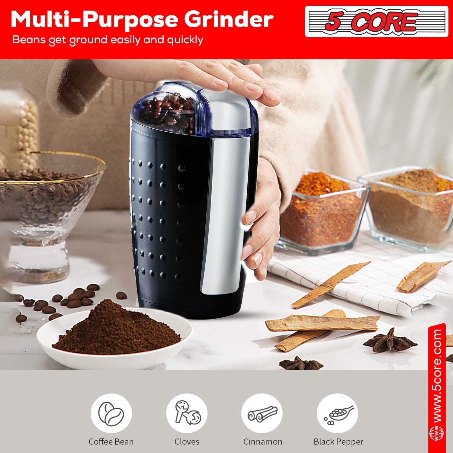 5 Core Coffee Grinder 85 Gram Capacity 150W Electric Bean Spice - Horizon Bliss