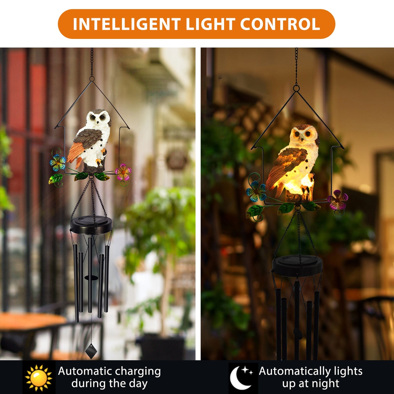 Solar Owl Wind Chime Light Outdoor LED Bird Sculpture Hanging Lamp - Horizon Bliss