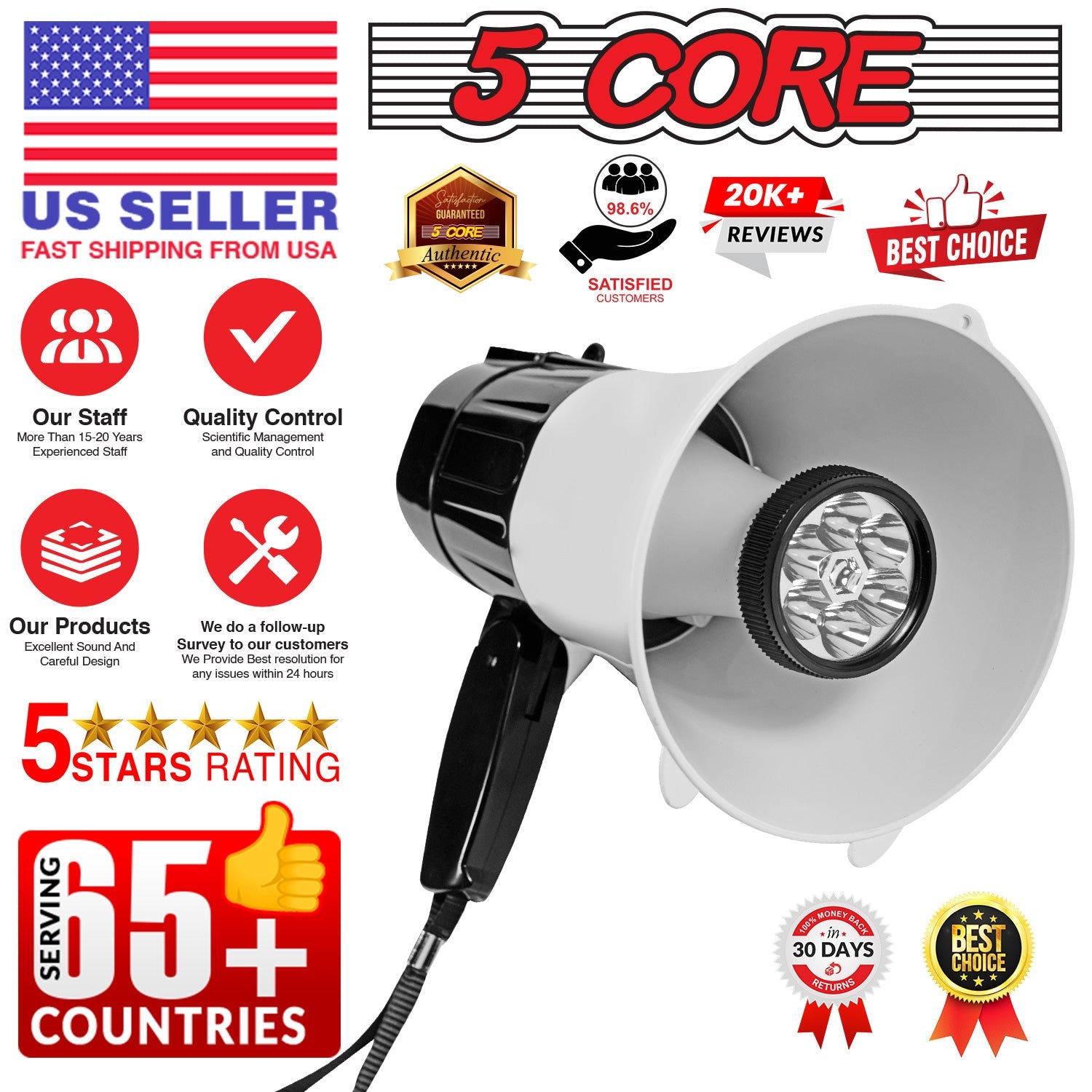 5 Core Megaphone Portable 30W BullhornSiren w LED Adjustable Volume - Horizon Bliss